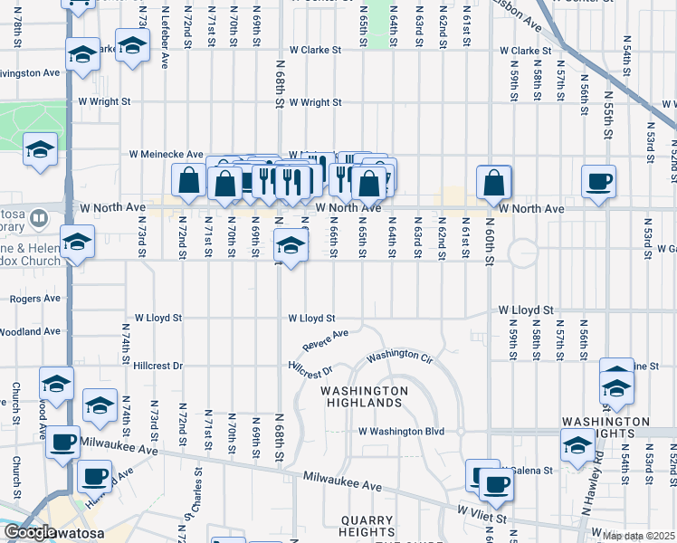 map of restaurants, bars, coffee shops, grocery stores, and more near 6530 West Garfield Avenue in Wauwatosa