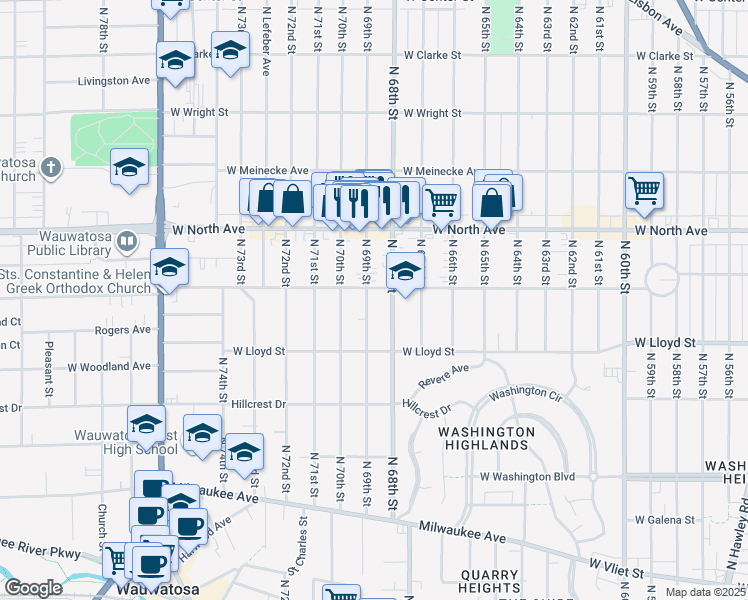 map of restaurants, bars, coffee shops, grocery stores, and more near 2203 North 69th Street in Wauwatosa
