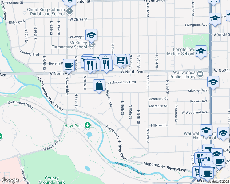 map of restaurants, bars, coffee shops, grocery stores, and more near 2218 Ludington Avenue in Wauwatosa