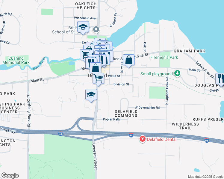 map of restaurants, bars, coffee shops, grocery stores, and more near 674 Division Street in Delafield