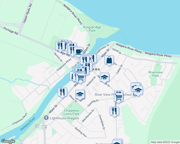 map of restaurants, bars, coffee shops, grocery stores, and more near in Niagara Falls