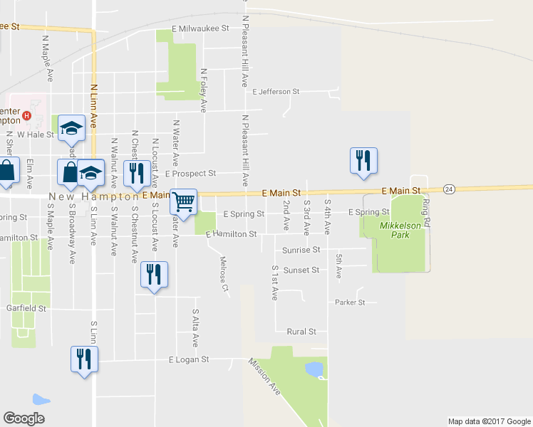 map of restaurants, bars, coffee shops, grocery stores, and more near East Spring Street in New Hampton