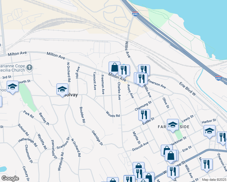 map of restaurants, bars, coffee shops, grocery stores, and more near 135 Caroline Avenue in Syracuse