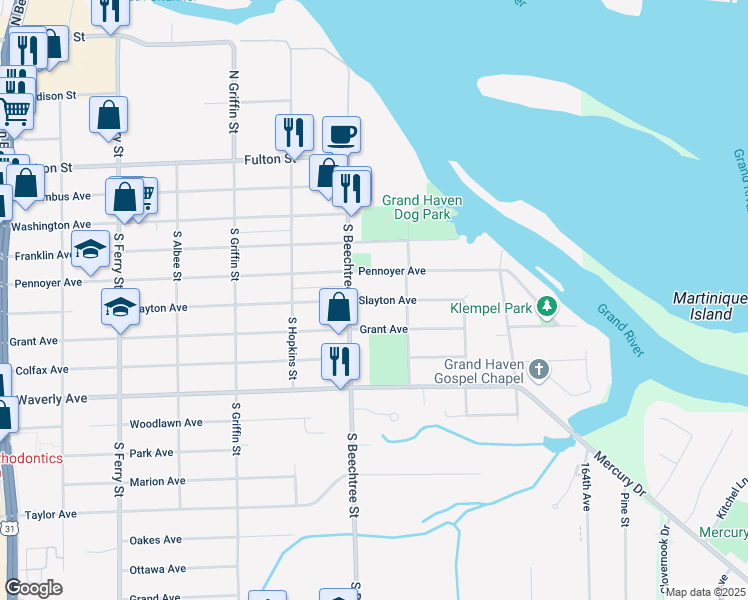 map of restaurants, bars, coffee shops, grocery stores, and more near 1521 Slayton Avenue in Grand Haven