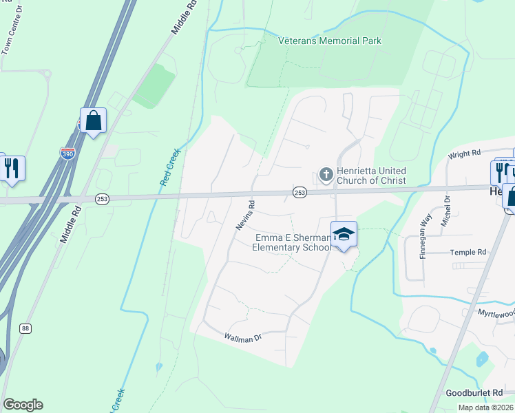 map of restaurants, bars, coffee shops, grocery stores, and more near 1321 Lehigh Station Road in Henrietta