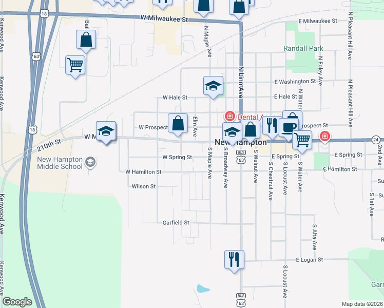 map of restaurants, bars, coffee shops, grocery stores, and more near 500-508 W Main St in New Hampton