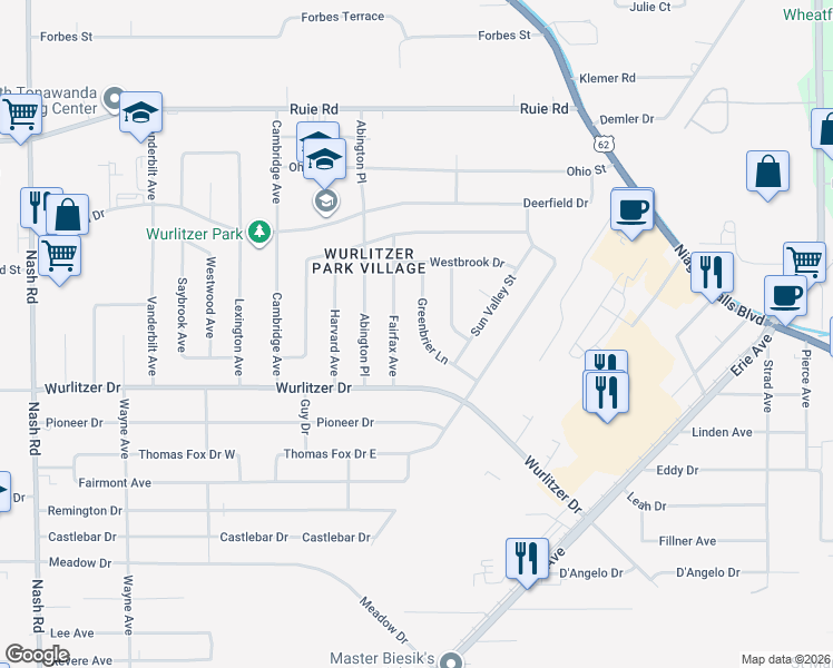 map of restaurants, bars, coffee shops, grocery stores, and more near 1296 Greenbrier Lane in North Tonawanda