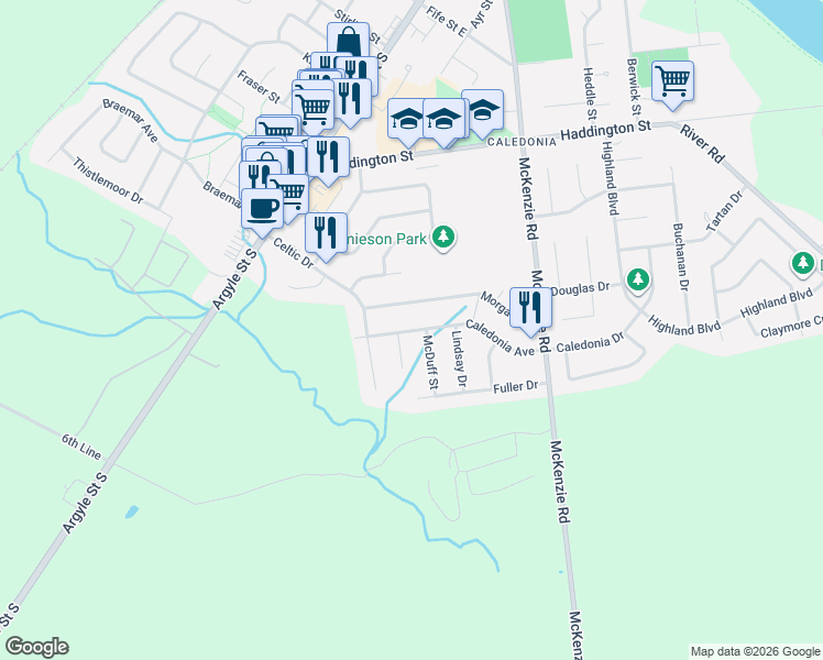 map of restaurants, bars, coffee shops, grocery stores, and more near 55 Morgan Drive in Caledonia