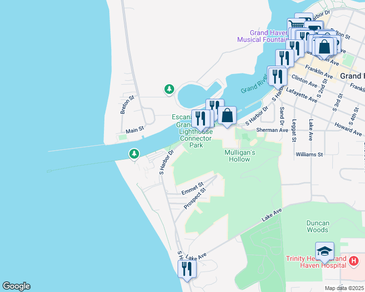 map of restaurants, bars, coffee shops, grocery stores, and more near 830 South Harbor Drive in Grand Haven