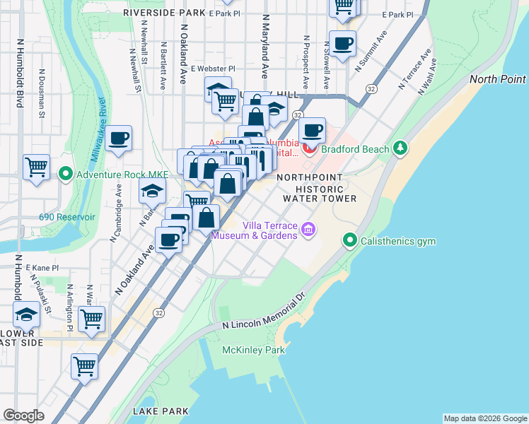 map of restaurants, bars, coffee shops, grocery stores, and more near 2233 North Summit Avenue in Milwaukee