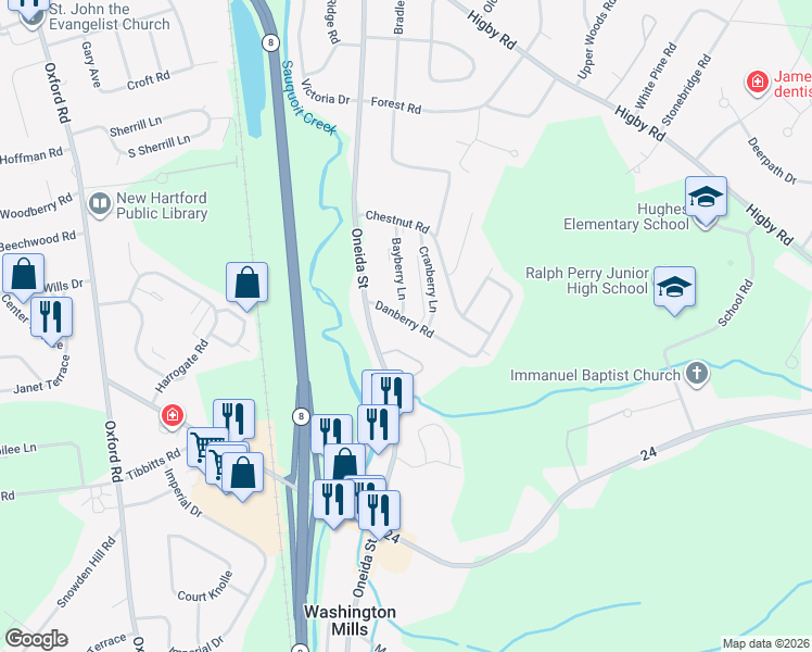 map of restaurants, bars, coffee shops, grocery stores, and more near 72 Chestnut Road in New Hartford