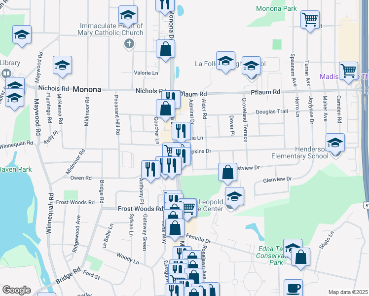 map of restaurants, bars, coffee shops, grocery stores, and more near 109 Acacia Lane in Madison