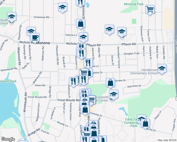 map of restaurants, bars, coffee shops, grocery stores, and more near 109 Acacia Lane in Madison