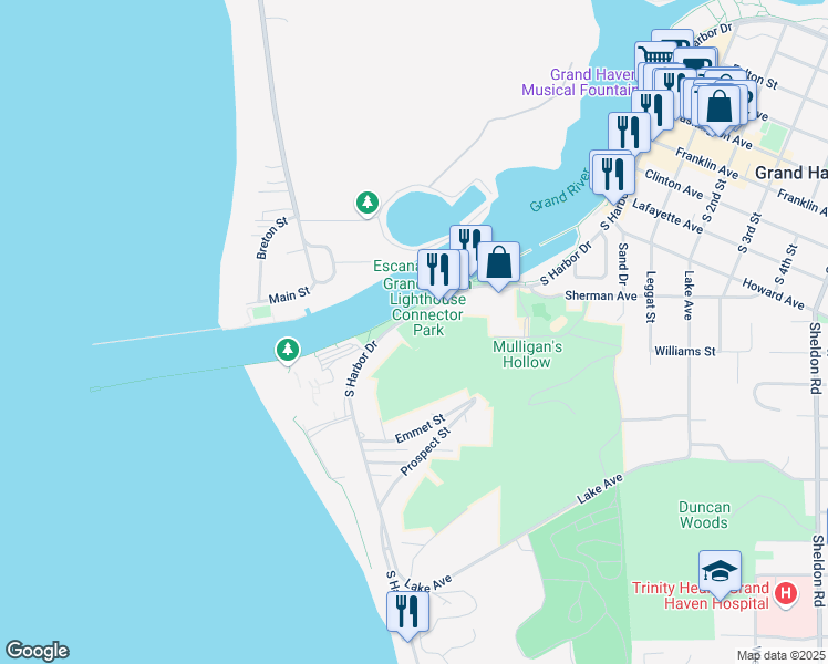 map of restaurants, bars, coffee shops, grocery stores, and more near 830 South Harbor Drive in Grand Haven