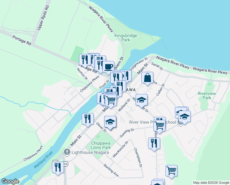 map of restaurants, bars, coffee shops, grocery stores, and more near in Niagara Falls