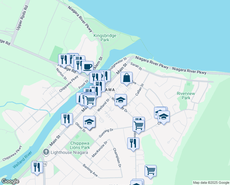 map of restaurants, bars, coffee shops, grocery stores, and more near Niagara Street in Niagara Falls