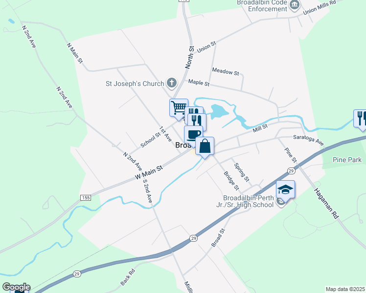 map of restaurants, bars, coffee shops, grocery stores, and more near 13 Center Street in Broadalbin