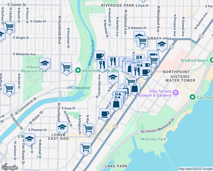 map of restaurants, bars, coffee shops, grocery stores, and more near 1528-1530 East Windsor Place in Milwaukee
