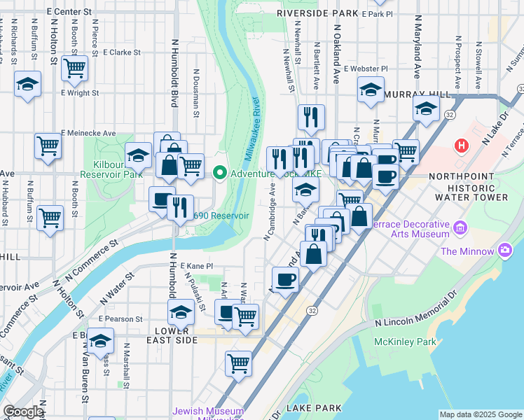 map of restaurants, bars, coffee shops, grocery stores, and more near 2121 North Cambridge Avenue in Milwaukee