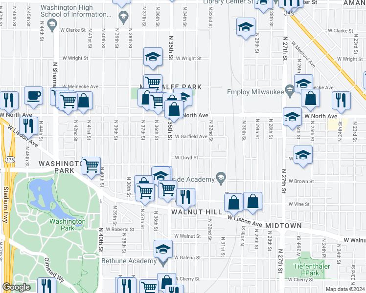 map of restaurants, bars, coffee shops, grocery stores, and more near 2166 North 35th Street in Milwaukee