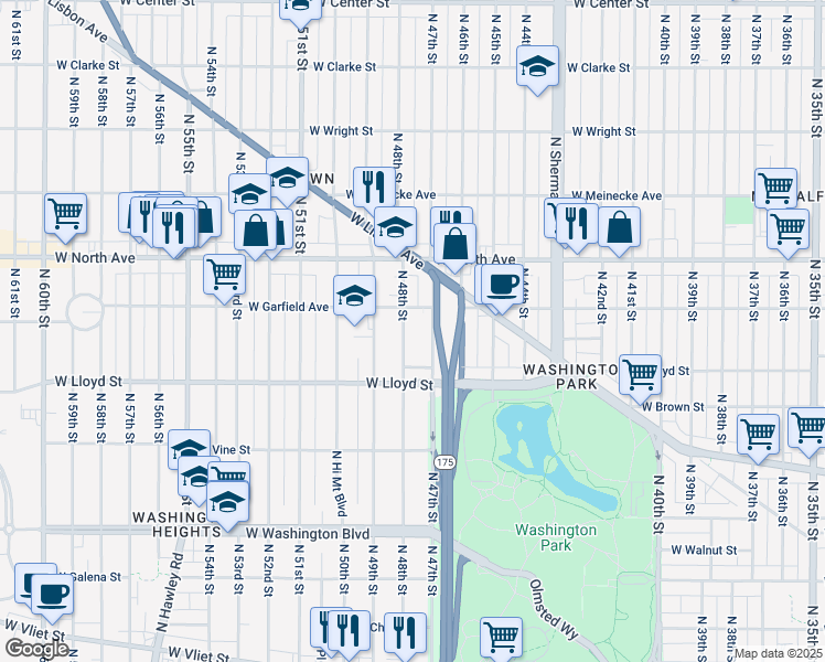 map of restaurants, bars, coffee shops, grocery stores, and more near 2184 North 48th Street in Milwaukee
