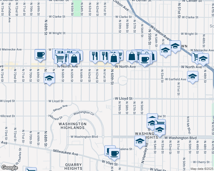 map of restaurants, bars, coffee shops, grocery stores, and more near 2202 North 61st Street in Wauwatosa