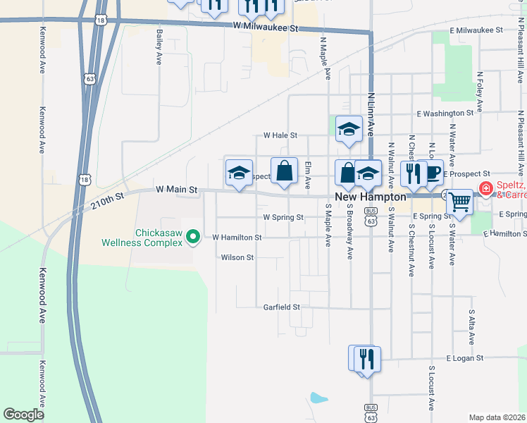map of restaurants, bars, coffee shops, grocery stores, and more near 1-51 South Sheakley Avenue in New Hampton