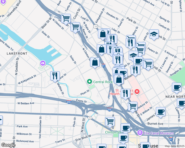 map of restaurants, bars, coffee shops, grocery stores, and more near 669-81 North Clinton Street in Syracuse