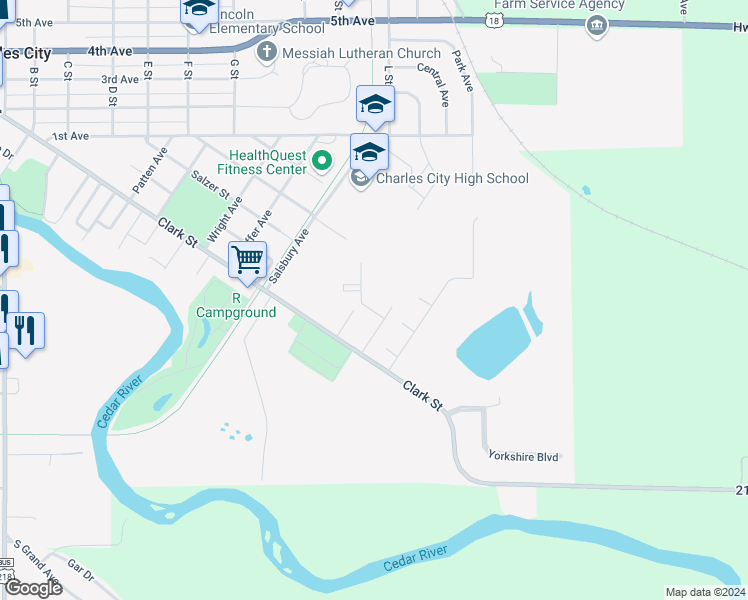 map of restaurants, bars, coffee shops, grocery stores, and more near 2105 Clarkview Drive in Charles City