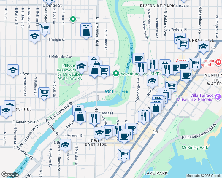 map of restaurants, bars, coffee shops, grocery stores, and more near 2175 North Commerce Street in Milwaukee