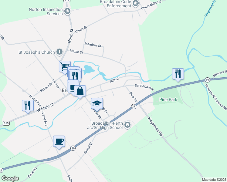map of restaurants, bars, coffee shops, grocery stores, and more near 49 Saratoga Avenue in Broadalbin