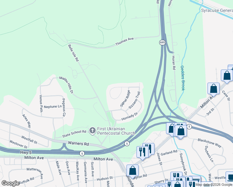 map of restaurants, bars, coffee shops, grocery stores, and more near 112 Lookout Circle in Syracuse