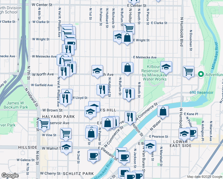 map of restaurants, bars, coffee shops, grocery stores, and more near 325 East Garfield Avenue in Milwaukee