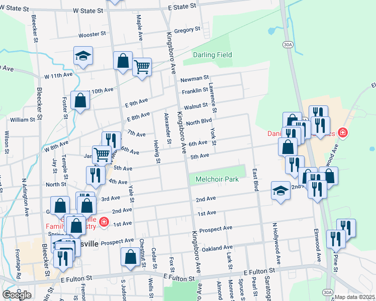 map of restaurants, bars, coffee shops, grocery stores, and more near 126 Kingsboro Avenue in Gloversville