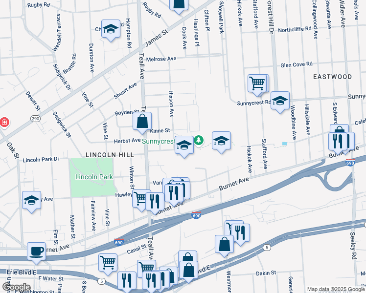 map of restaurants, bars, coffee shops, grocery stores, and more near 105 Saint Anne Drive in Syracuse