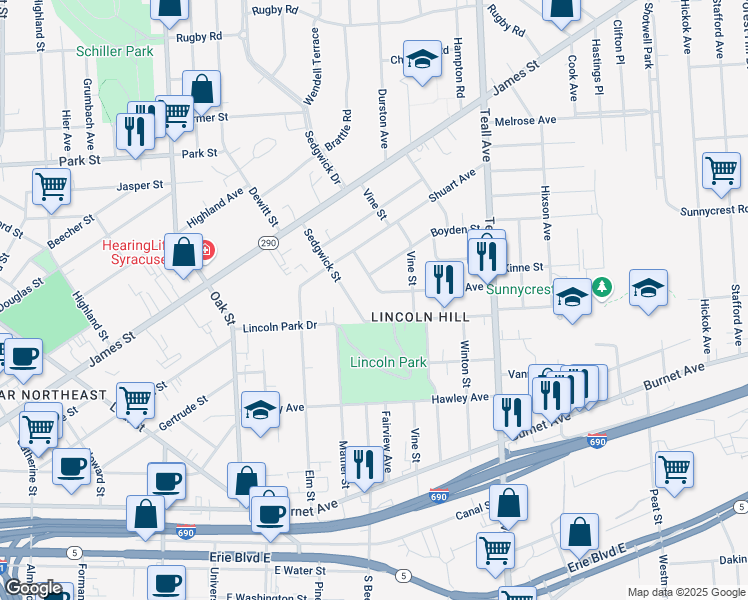 map of restaurants, bars, coffee shops, grocery stores, and more near 219 Sedgwick Street in Syracuse