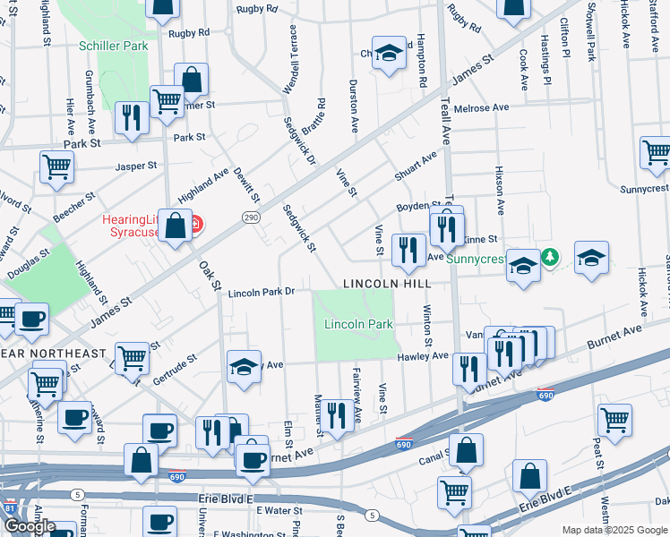 map of restaurants, bars, coffee shops, grocery stores, and more near 219 Sedgwick Street in Syracuse