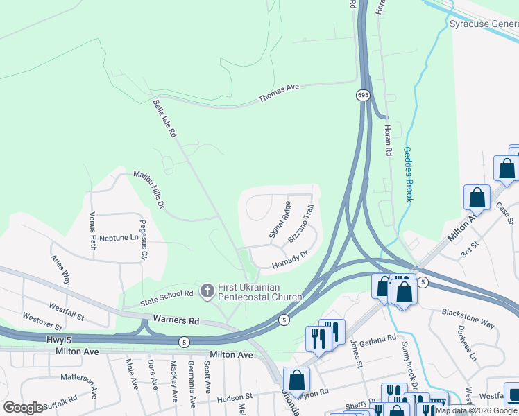 map of restaurants, bars, coffee shops, grocery stores, and more near 112 Lookout Circle in Syracuse