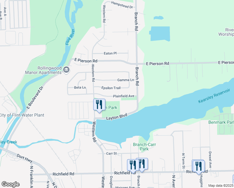 map of restaurants, bars, coffee shops, grocery stores, and more near 2829 Plainfield Avenue in Flint