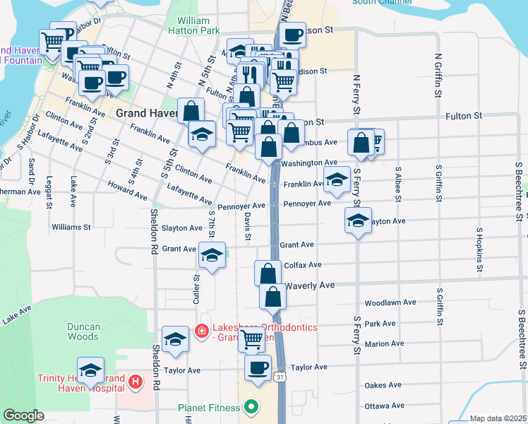 map of restaurants, bars, coffee shops, grocery stores, and more near 825 Pennoyer Avenue in Grand Haven