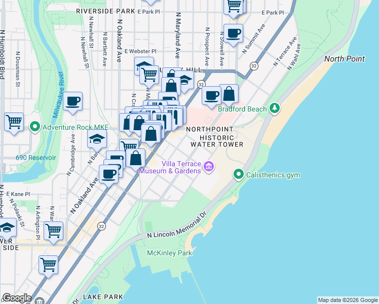 map of restaurants, bars, coffee shops, grocery stores, and more near 2245 North Lake Drive in Milwaukee