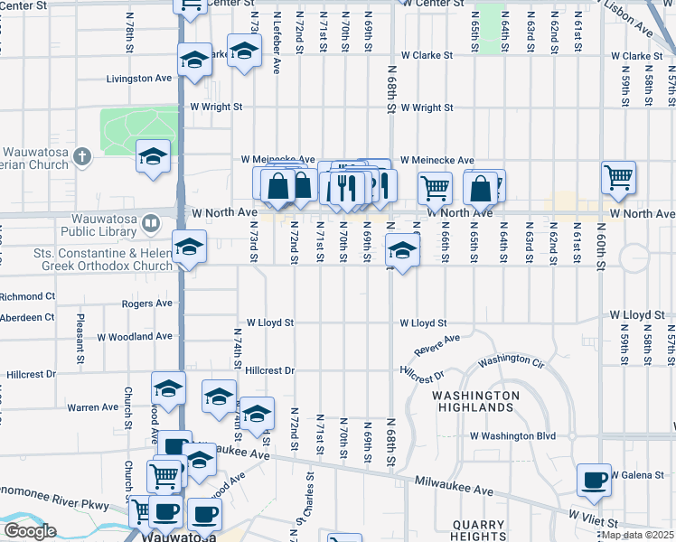 map of restaurants, bars, coffee shops, grocery stores, and more near 2204 North 71st Street in Wauwatosa