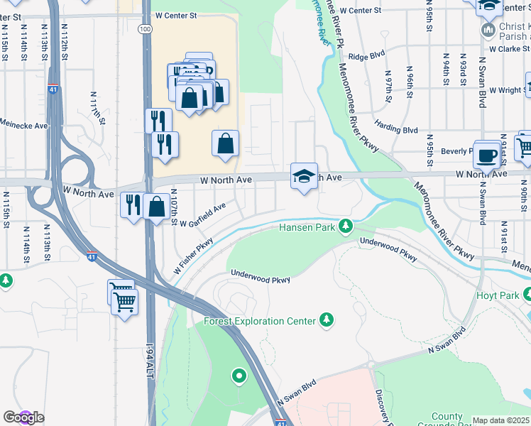 map of restaurants, bars, coffee shops, grocery stores, and more near 2216 North 103rd Street in Wauwatosa