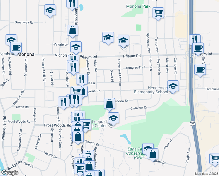 map of restaurants, bars, coffee shops, grocery stores, and more near 313 Acacia Lane in Madison