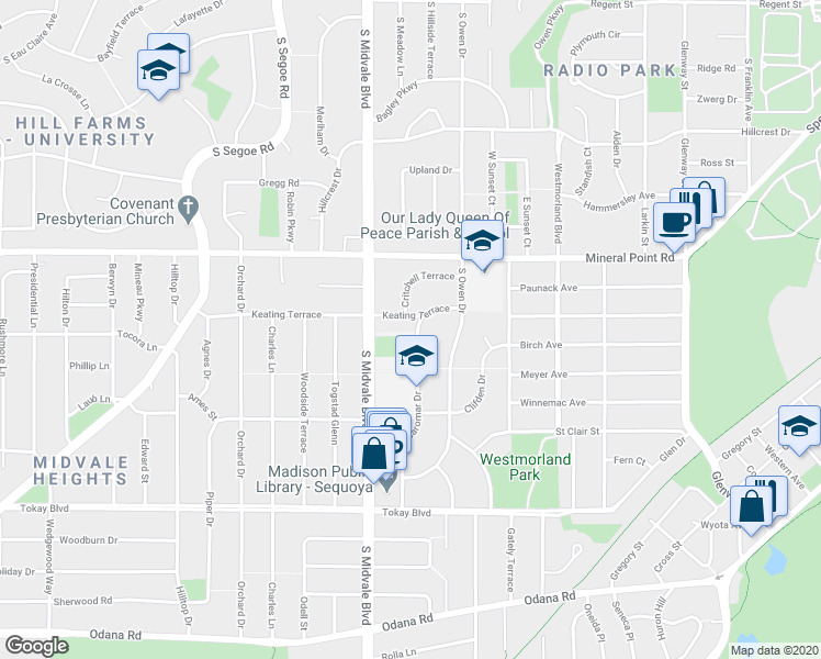 map of restaurants, bars, coffee shops, grocery stores, and more near 438 Caromar Drive in Madison