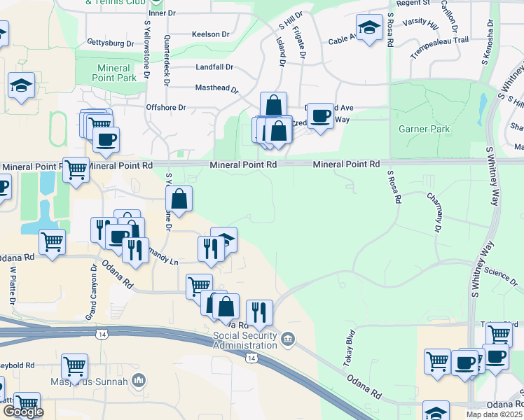 map of restaurants, bars, coffee shops, grocery stores, and more near 6145 Mineral Point Rd in Madison