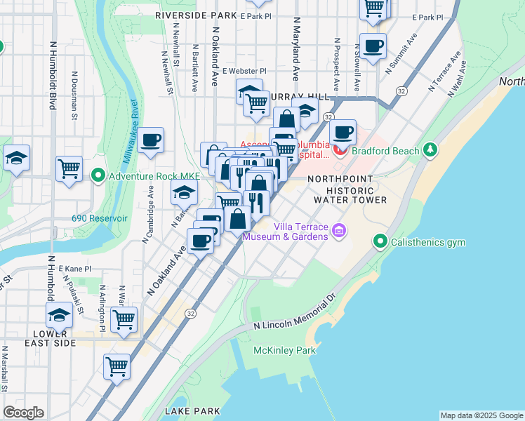 map of restaurants, bars, coffee shops, grocery stores, and more near North Prospect Avenue in Milwaukee
