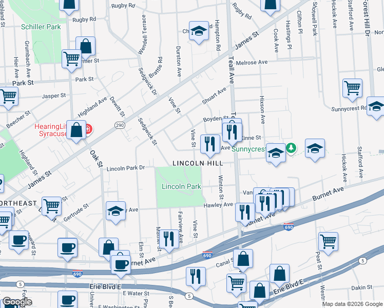 map of restaurants, bars, coffee shops, grocery stores, and more near 209 Pattison Street in Syracuse