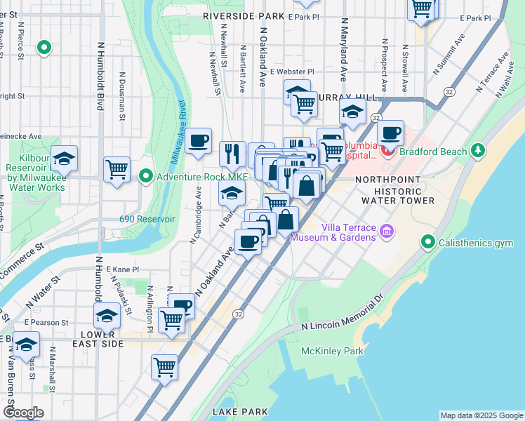 map of restaurants, bars, coffee shops, grocery stores, and more near 2132 North Oakland Avenue in Milwaukee