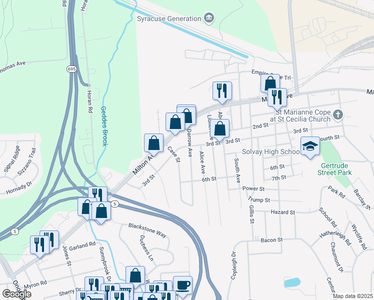 map of restaurants, bars, coffee shops, grocery stores, and more near 300 Darrow Avenue in Syracuse